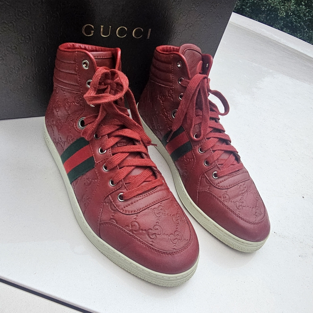 Gucci Red Embossed Leather GG High Top 'Guccisima' Sneakers Web Sz 10/ US 10.5